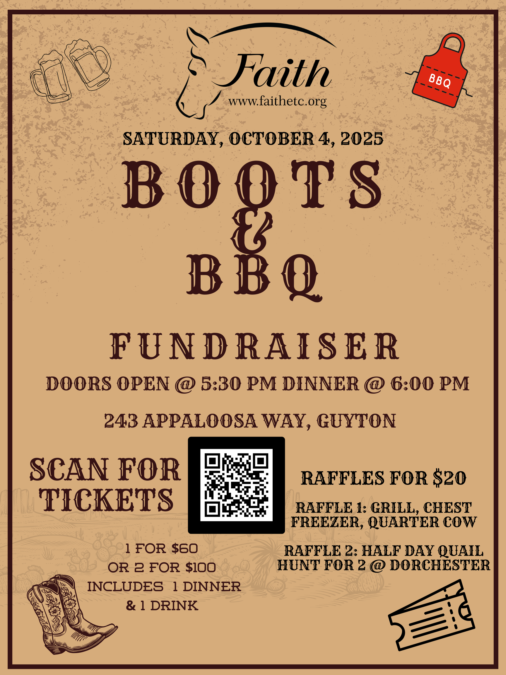 Boots & BBQ Fundraiser Flyer with link to  Event page and QR code for Dinner Tickets and Raffle Tickets
