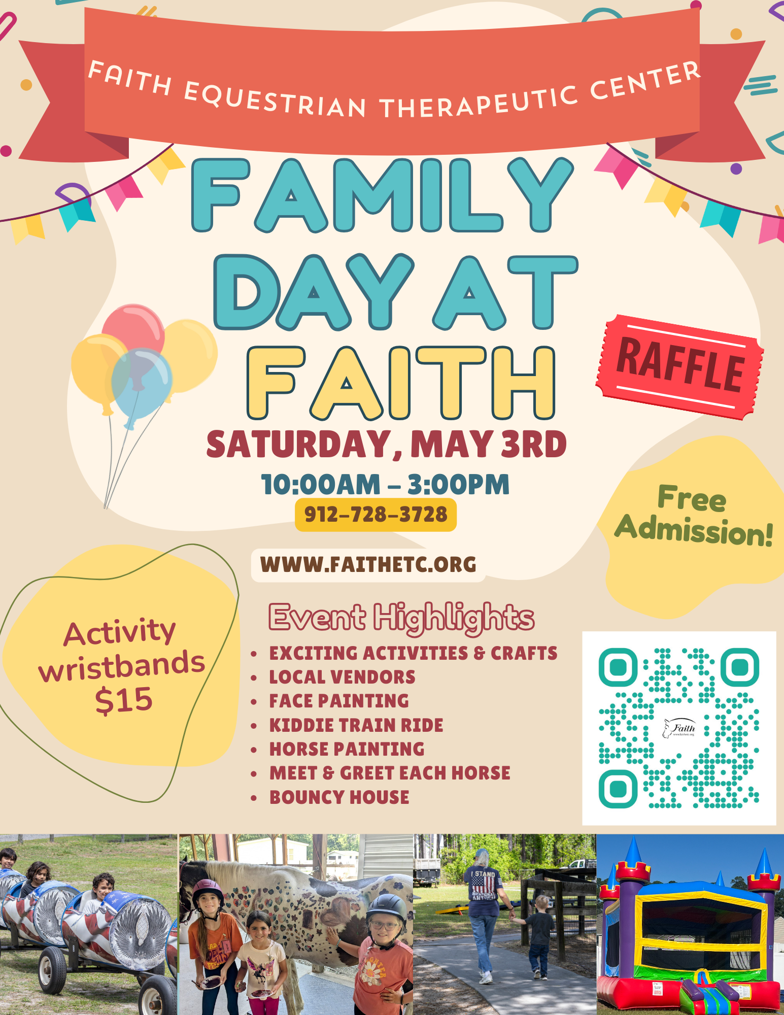 Family Day at Faith Flyer with link to Family Day Event page and QR code for Raffle Tickets and Wristbands