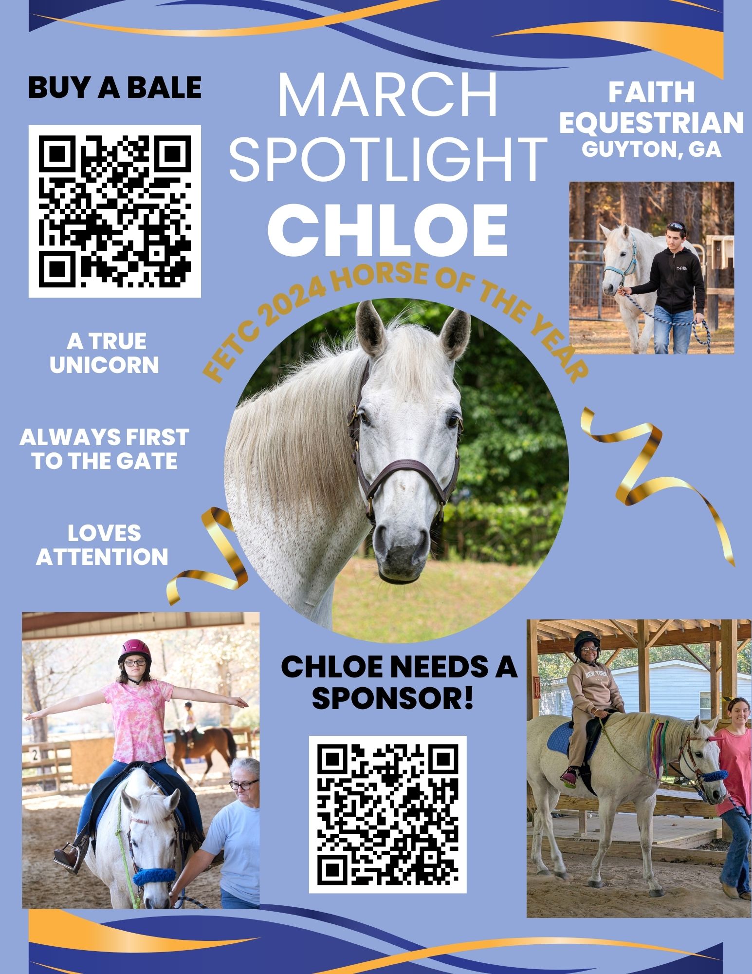 March Spotlight Chloe flyer with QR codes for buy a bale and sponsorship